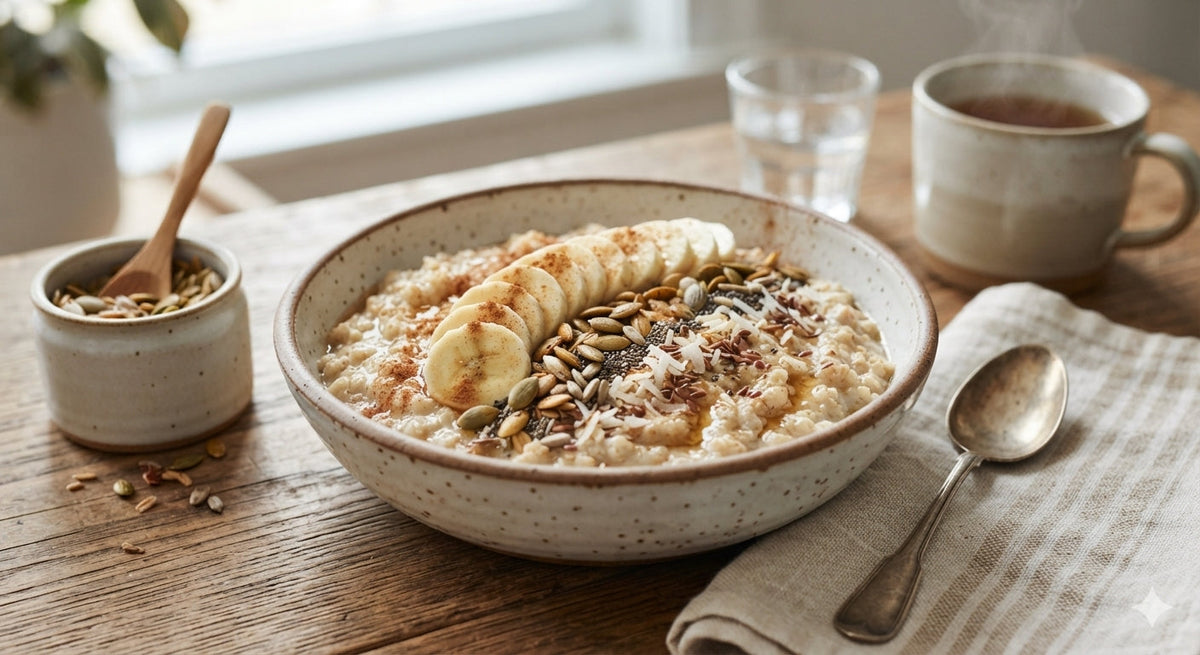 Creamy Coconut Steel Cut Oats With Cinnamon, Banana & Toasted Seeds